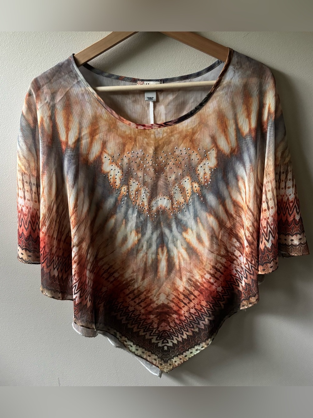 World Unity Tie Dye Rhinestone Sheer Poncho